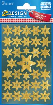 Glanzfolie Sticker Sterne + Zahlen gold