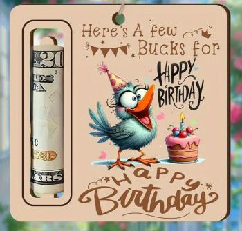 Geldgeschenk aus Holz süßer Vogel mit Torte Geldgeschenk aus Holz süßer Vogel mit Torte