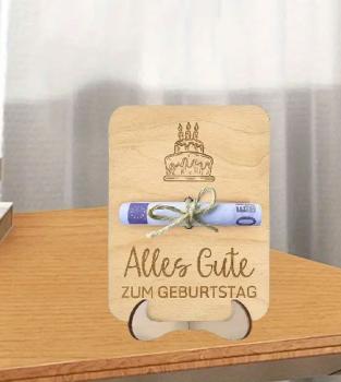 Preview: Holzgeldgeschenkverpackung mit Torte Preview: Holzgeldgeschenkverpackung - Einzigartiger Geldhalter aus Holz mit Torte