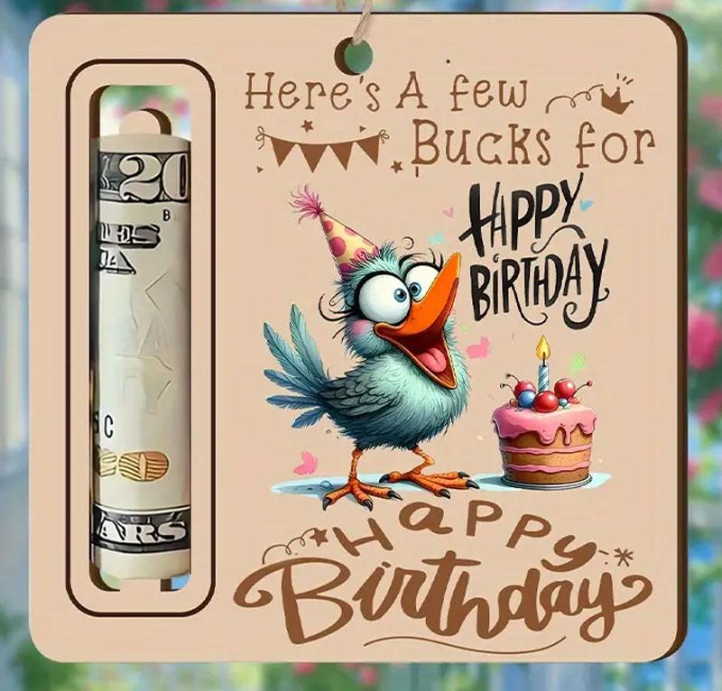 Geldgeschenk aus Holz süßer Vogel mit Torte Geldgeschenk aus Holz süßer Vogel mit Torte