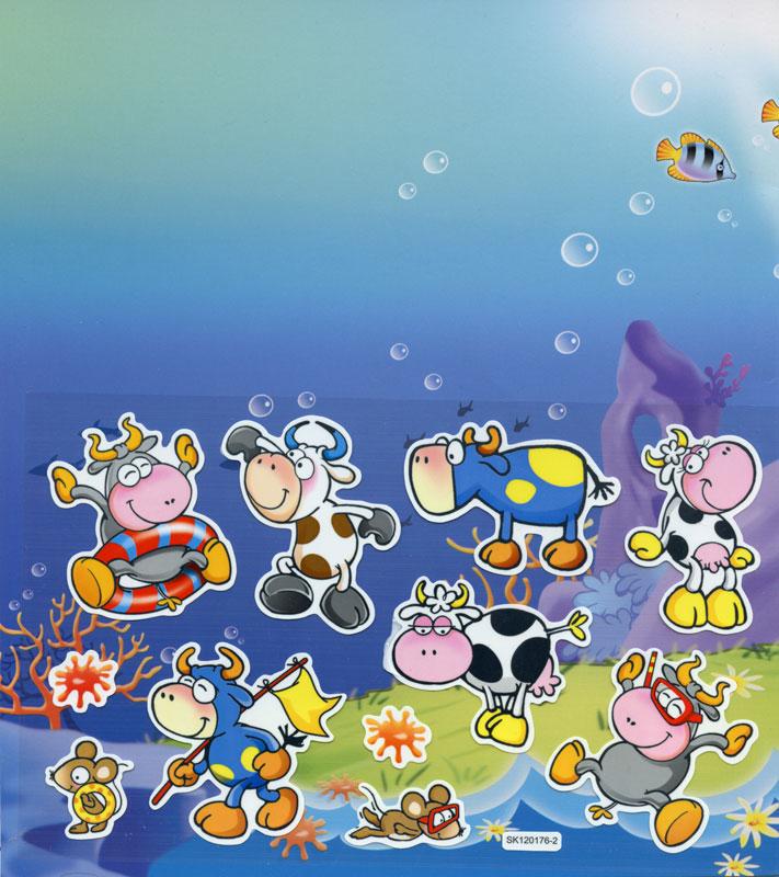 Coloring page with stickers cows sea