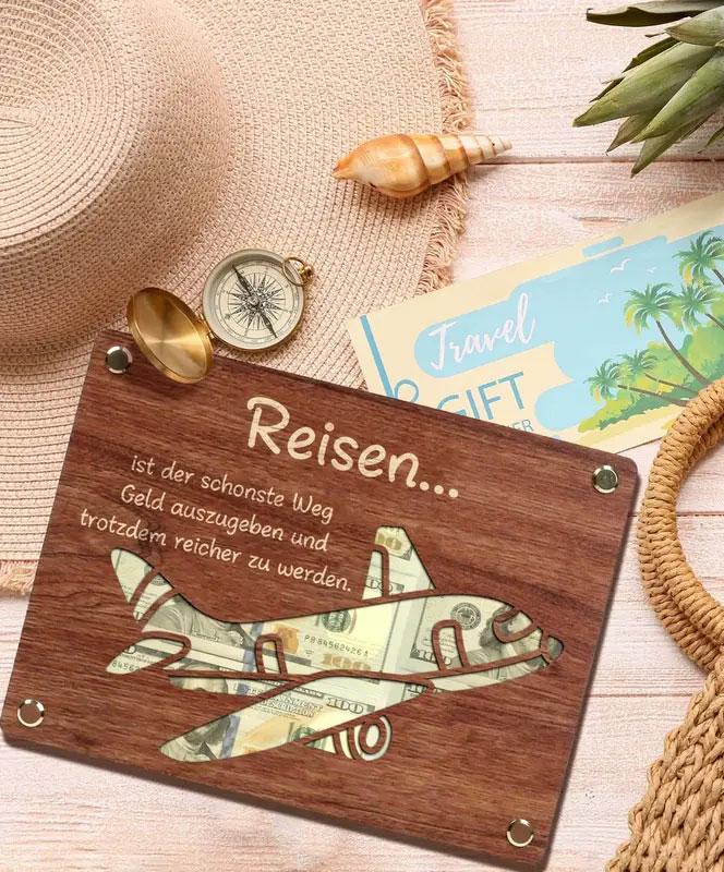 Geldgeschenkkarte aus Holz für Reise Flugzeug