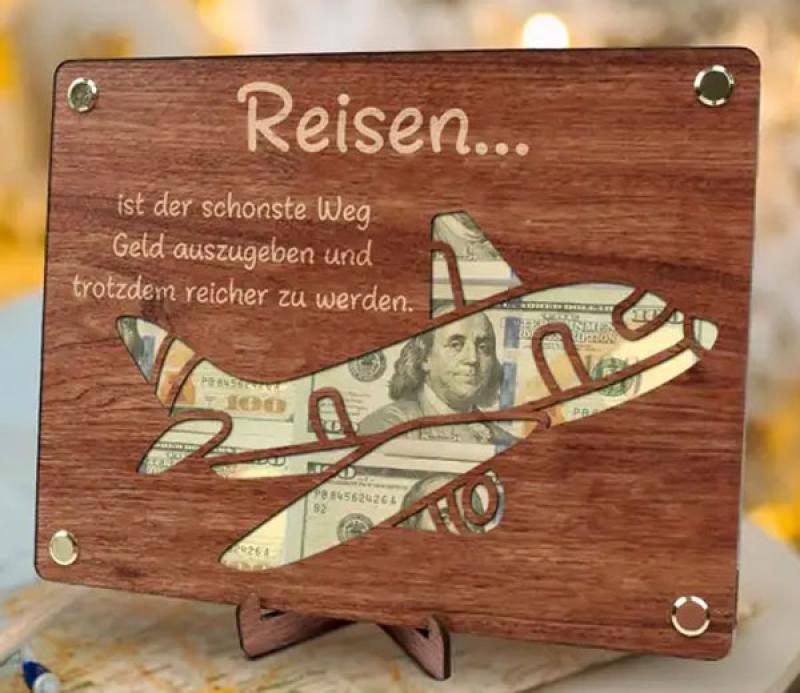 Geldgeschenkkarte aus Holz für Reise Flugzeug