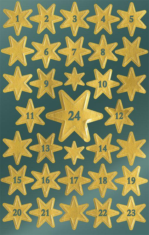 Glanzfolie Sticker Sterne + Zahlen gold