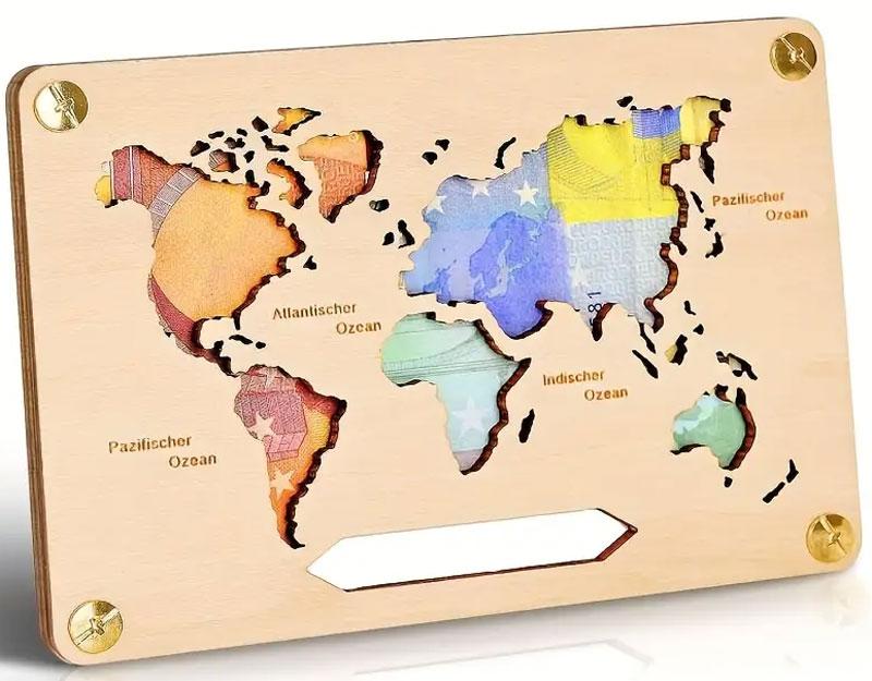 Geldgeschenkkarte aus Holz Weltkarten