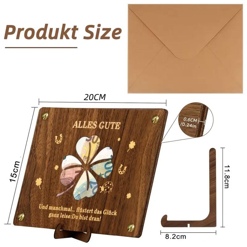 Geldgeschenkkarte aus Holz vierblättriges Kleeblatt